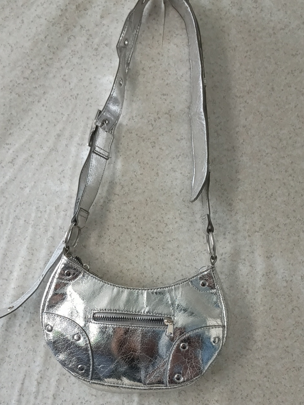 Divided Silver Metallic Crescent Shoulder Bag